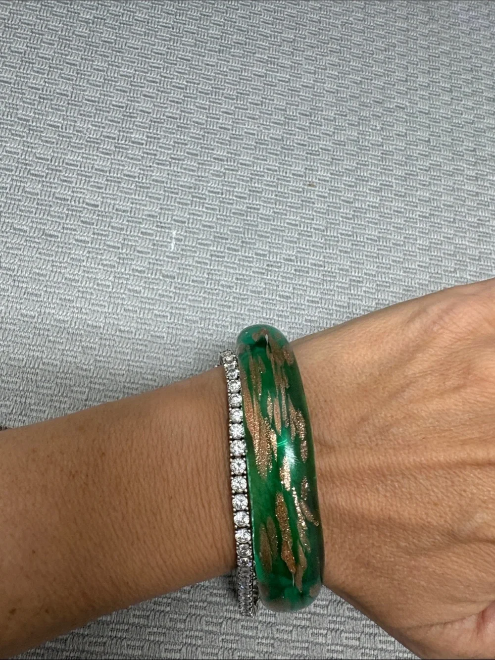 Green and Gold Glass Bangle Bracelet - Women Jewelry